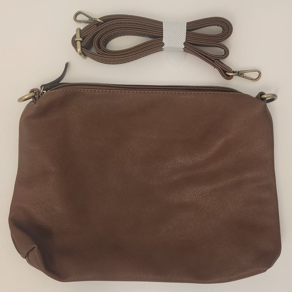Joy Susan Brown Vegan Leather Large Clutch Or Adjustable Crossbody Shoulder Bag